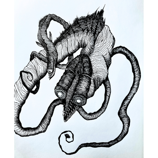 A binocular fish and Telescope eel intertwined.